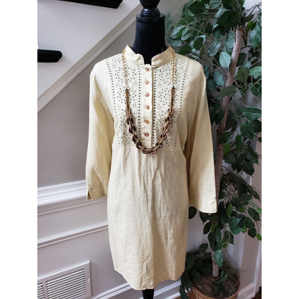 Malcolm & Co Shirt Dress Women's 2X Beige Linen Eyelet Long‎ Sleeve Button Front